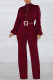 Burgundy Casual Solid Hollowed Out Patchwork With Belt O Neck Straight Jumpsuits(With A Belt)
