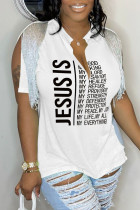 White Casual Letter Print Tassel Patchwork V Neck T-Shirts