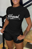 Red Casual Letter Print Basic O Neck Short Sleeve Two Pieces