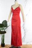 Red Sexy Solid Patchwork High Opening Spaghetti Strap Sling Dress Dresses