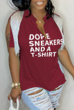 Coffee Casual Letter Print Tassel Patchwork V Neck T-Shirts