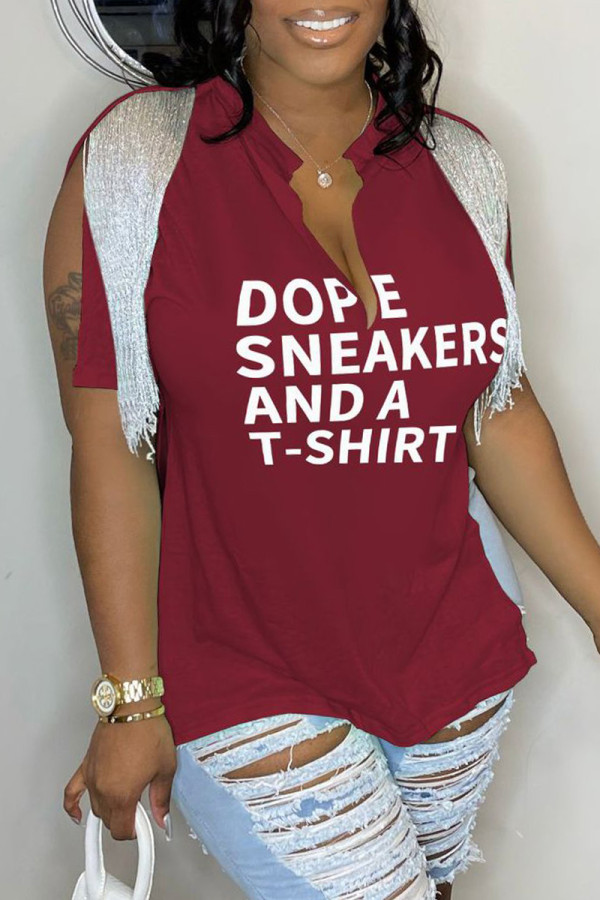 Burgundy Casual Letter Print Tassel Patchwork V Neck T-Shirts