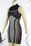 Black Sexy Print Patchwork Zipper Collar Pencil Skirt Dresses