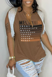 Coffee Casual Letter Print Tassel Patchwork V Neck T-Shirts