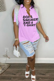 Coffee Casual Letter Print Tassel Patchwork V Neck T-Shirts
