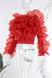 Red Elegant Solid Patchwork Appliques O Neck Tops