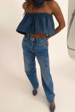 Blue Sexy Solid Patchwork Strapless Tops