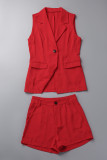 Red Casual Solid Patchwork Buttons Turn-back Collar Sleeveless Two Pieces
