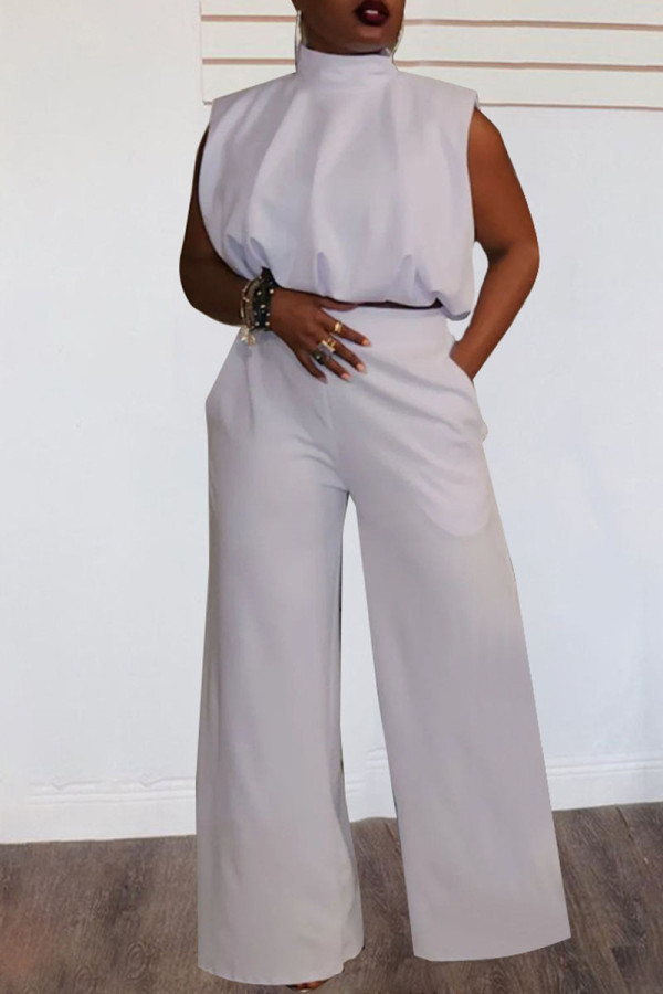 White Casual Solid Patchwork Half A Turtleneck Sleeveless Two Pieces