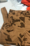Dark Brown Casual Street Print Camouflage Print Patchwork With Belt Regular High Waist Type H Full Print Bottoms(With A Belt)