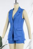 Blue Casual Solid Patchwork Buttons Turn-back Collar Sleeveless Two Pieces