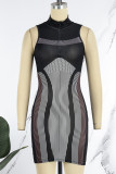 Black Sexy Print Patchwork Zipper Collar Pencil Skirt Dresses