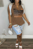 Coffee Casual Letter Print Tassel Patchwork V Neck T-Shirts