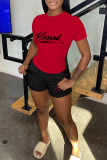Red Casual Letter Print Basic O Neck Short Sleeve Two Pieces