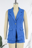 Blue Casual Solid Patchwork Buttons Turn-back Collar Sleeveless Two Pieces
