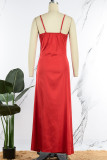 Red Sexy Solid Patchwork High Opening Spaghetti Strap Sling Dress Dresses