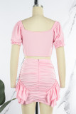 Pink Street Solid Patchwork Flounce Fold Square Collar Sleeveless Two Pieces