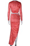 Tangerine Sexy Print Bandage Patchwork Draw String Slit O Neck Long Sleeve Two Pieces