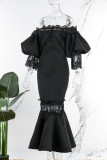 Black Sexy Solid Patchwork See-through Off the Shoulder Evening Dress Dresses