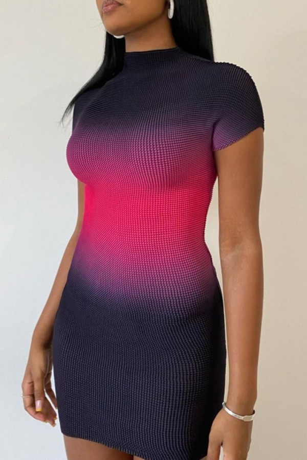 Rose Red Casual Gradual Change Print Half A Turtleneck Short Sleeve Dress