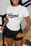 Red Casual Letter Print Basic O Neck Short Sleeve Two Pieces