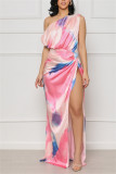Pink Sexy Simplicity Tie Dye High Opening Printing One Shoulder Printed Dress Dresses