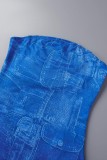 Blue Sexy Print Patchwork Strapless Pencil Skirt Dresses