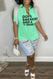 Coffee Casual Letter Print Tassel Patchwork V Neck T-Shirts