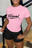 Red Casual Letter Print Basic O Neck Short Sleeve Two Pieces