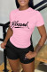 Pink Casual Letter Print Basic O Neck Short Sleeve Two Pieces