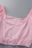 Pink Street Solid Patchwork Flounce Fold Square Collar Sleeveless Two Pieces