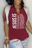 Grey Casual Letter Print Tassel Patchwork V Neck T-Shirts
