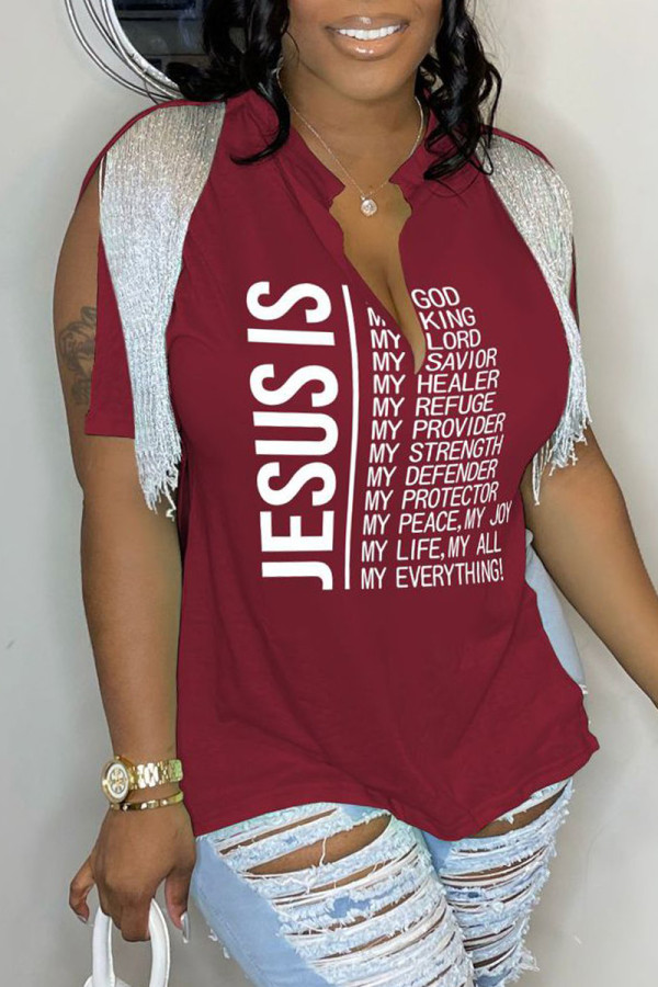 Burgundy Casual Letter Print Tassel Patchwork V Neck T-Shirts