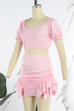 Pink Street Solid Patchwork Flounce Fold Square Collar Sleeveless Two Pieces