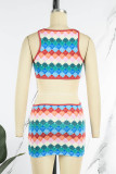 Colour Sexy Print Hollowed Out Patchwork Backless O Neck Pencil Skirt Dresses