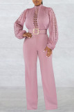 Red Casual Solid Hollowed Out Patchwork With Belt O Neck Straight Jumpsuits(With A Belt)