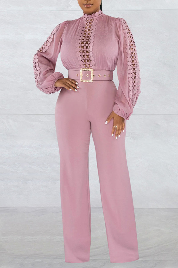 Pink Casual Solid Hollowed Out Patchwork With Belt O Neck Straight Jumpsuits(With A Belt)