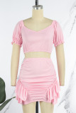 Pink Street Solid Patchwork Flounce Fold Square Collar Sleeveless Two Pieces