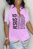 Grey Casual Letter Print Tassel Patchwork V Neck T-Shirts