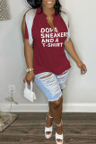 Coffee Casual Letter Print Tassel Patchwork V Neck T-Shirts