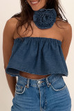 Blue Sexy Solid Patchwork Strapless Tops