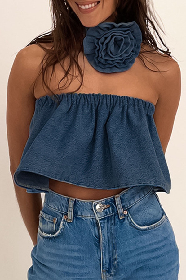 Blue Sexy Solid Patchwork Strapless Tops