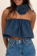 Blue Sexy Solid Patchwork Strapless Tops