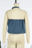 Blue Sexy Solid Patchwork Strapless Tops