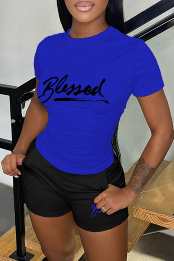 Blue Casual Letter Print Basic O Neck Short Sleeve Two Pieces