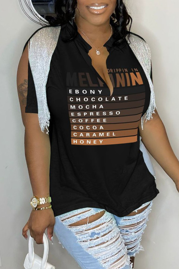 Black Casual Letter Print Tassel Patchwork V Neck T-Shirts