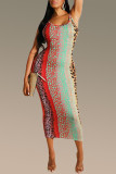 Light Blue Work Daily Print Leopard Frenulum Backless Spaghetti Strap One Step Skirt Dresses(With The Scarf)