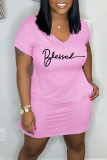 Pink Casual Print Patchwork V Neck Straight Dresses