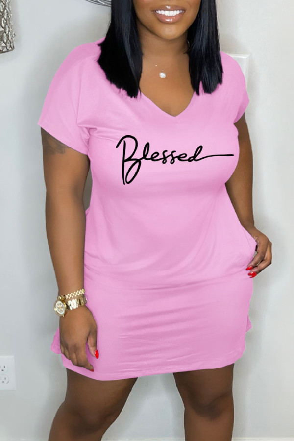 Pink Casual Print Patchwork V Neck Straight Dresses