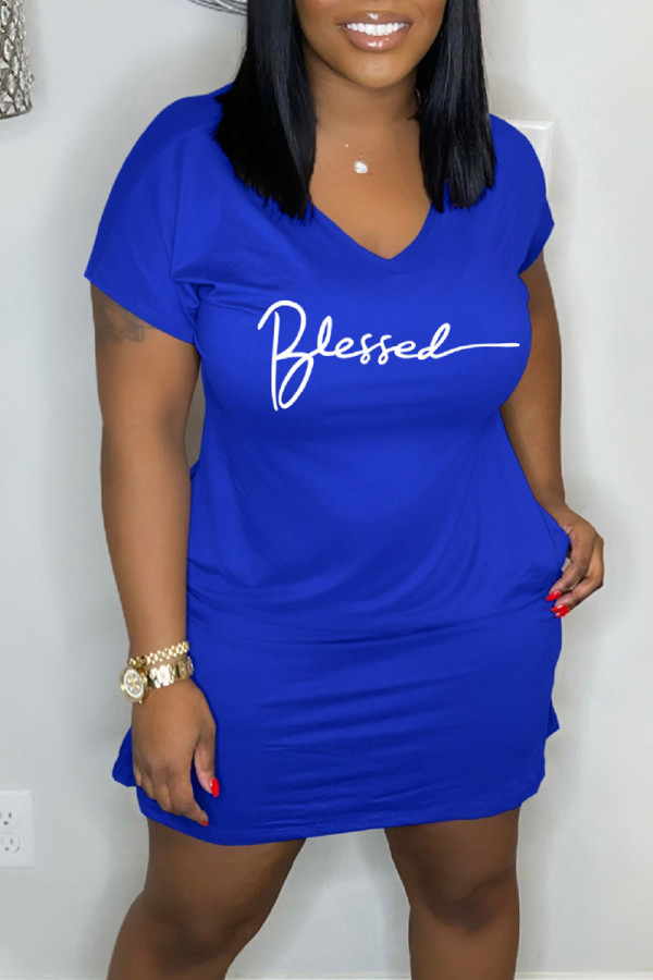 Blue Casual Print Patchwork V Neck Straight Dresses
